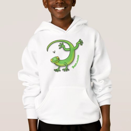 Cute happy green gecko greetings with bug cartoon hoodie