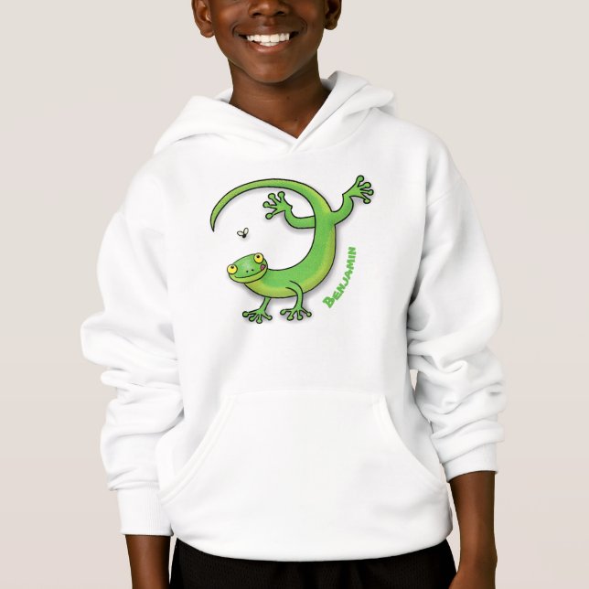 Cute happy green gecko greetings with bug cartoon hoodie (Front)