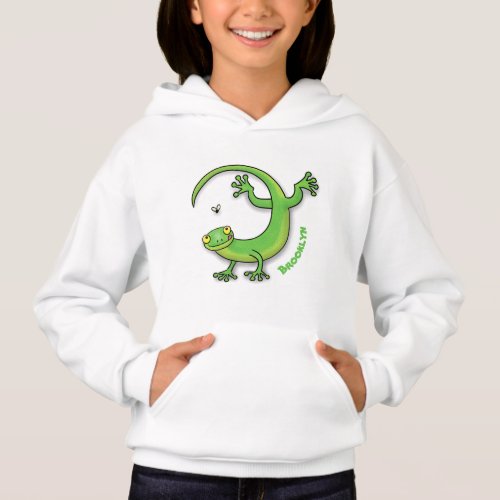 Cute happy green gecko greetings with bug cartoon hoodie