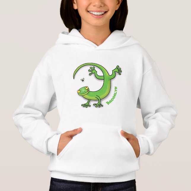 Cute happy green gecko greetings with bug cartoon hoodie (Front)