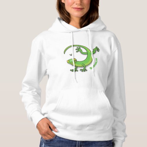 Cute happy green gecko greetings with bug cartoon hoodie