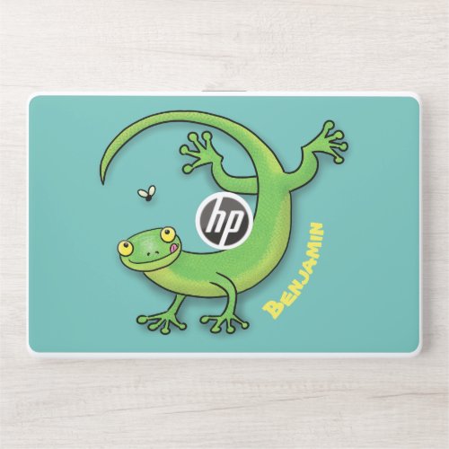 Cute happy green gecko greetings with bug cartoon HP laptop skin