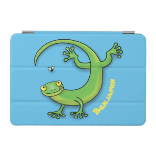 Cute happy green gecko greetings with bug cartoon iPad mini cover