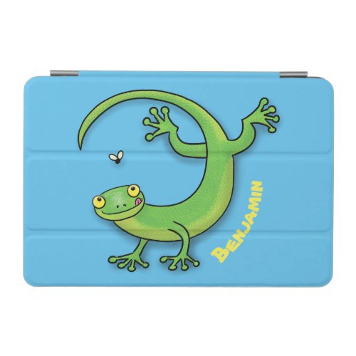Cute happy green gecko greetings with bug cartoon  iPad mini cover