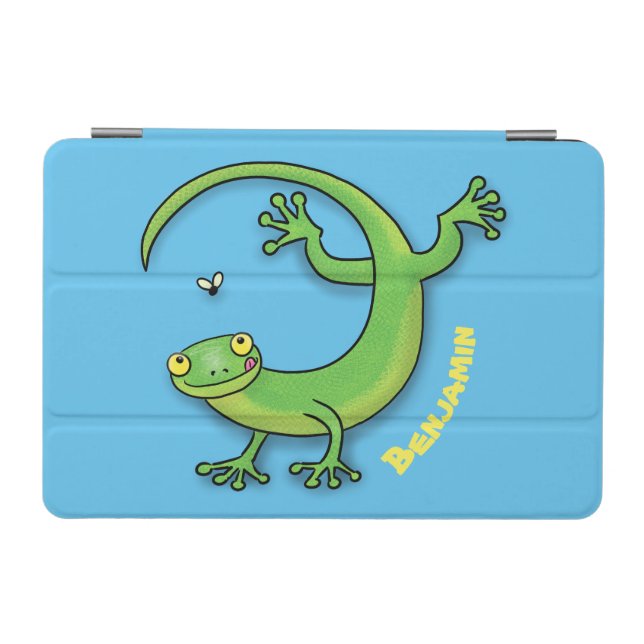 Cute happy green gecko greetings with bug cartoon  iPad mini cover (Horizontal)