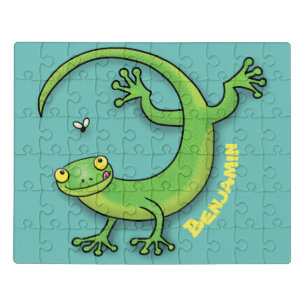Cute happy green gecko greetings with bug cartoon jigsaw puzzle