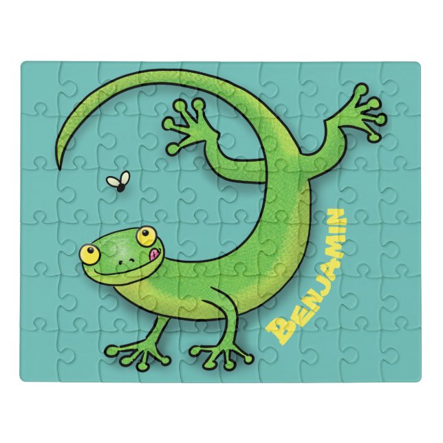 Cute happy green gecko greetings with bug cartoon jigsaw puzzle (Puzzle Horizontal)