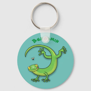 Cute happy green gecko greetings with bug cartoon keychain
