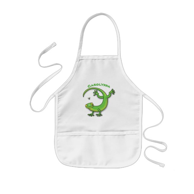 Cute happy green gecko greetings with bug cartoon kids' apron (Front)