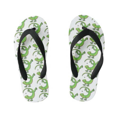 Cute happy green gecko greetings with bug cartoon kids flip flops