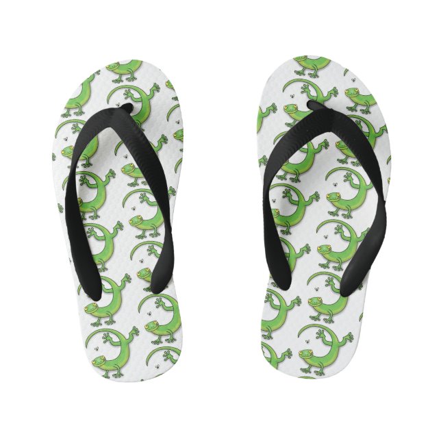 Cute happy green gecko greetings with bug cartoon kid's flip flops (Footbed)