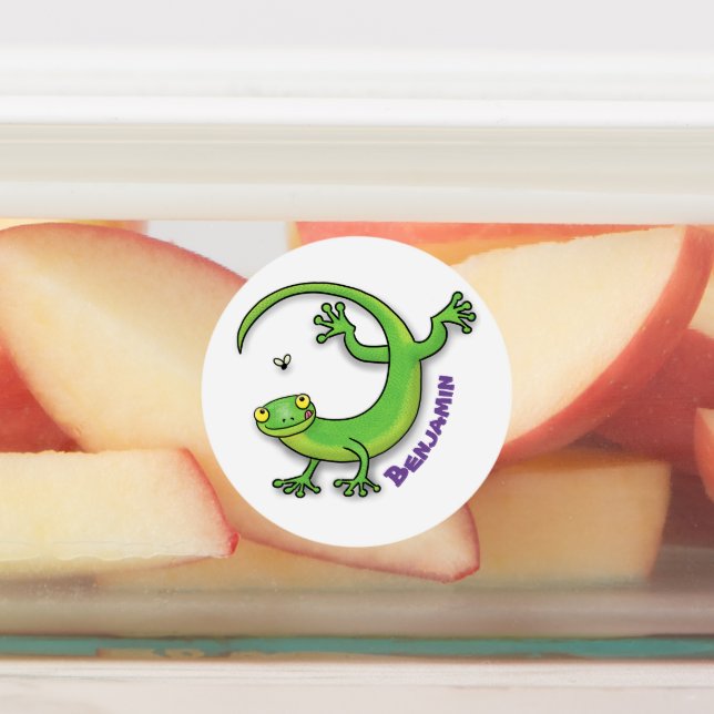 Cute happy green gecko greetings with bug cartoon labels (Affixed)