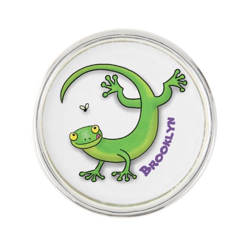 Cute happy green gecko greetings with bug cartoon lapel pin