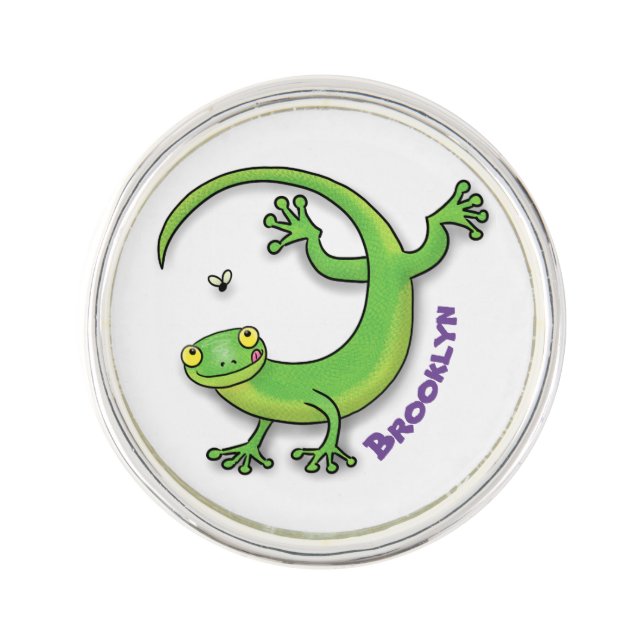 Cute happy green gecko greetings with bug cartoon lapel pin (Front)