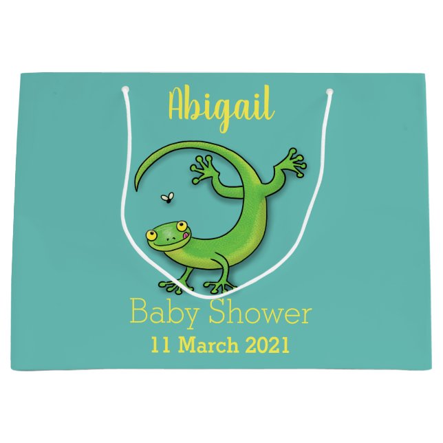 Cute happy green gecko greetings with bug cartoon  large gift bag (Front)