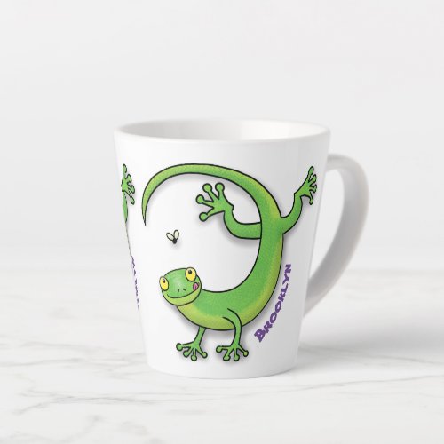 Cute happy green gecko greetings with bug cartoon latte mug