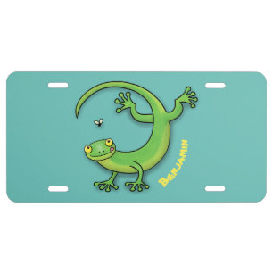 Cute happy green gecko greetings with bug cartoon license plate