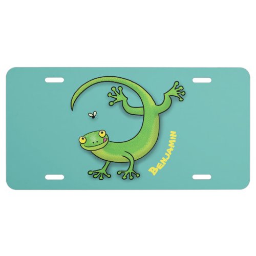 Cute happy green gecko greetings with bug cartoon  license plate