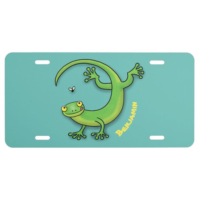 Cute happy green gecko greetings with bug cartoon  license plate (Front)