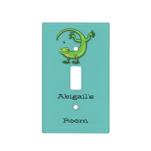 Cute happy green gecko greetings with bug cartoon  light switch cover (Front)