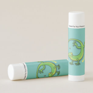 Cute happy green gecko greetings with bug cartoon lip balm