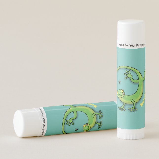Cute happy green gecko greetings with bug cartoon lip balm (Front)