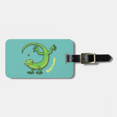 Cute happy green gecko greetings with bug cartoon luggage tag