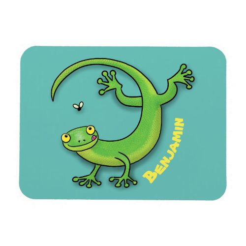 Cute happy green gecko greetings with bug cartoon magnet