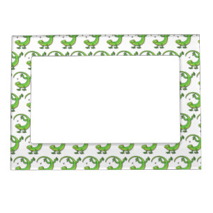 Cute happy green gecko greetings with bug cartoon magnetic frame