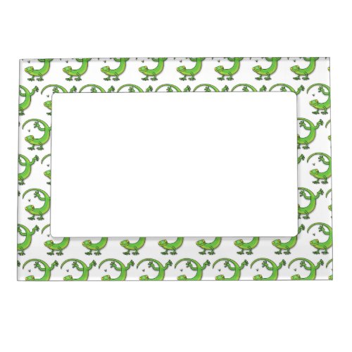 Cute happy green gecko greetings with bug cartoon magnetic frame
