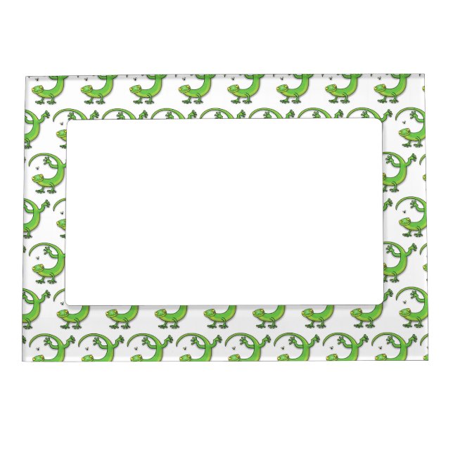 Cute happy green gecko greetings with bug cartoon magnetic frame (Front)