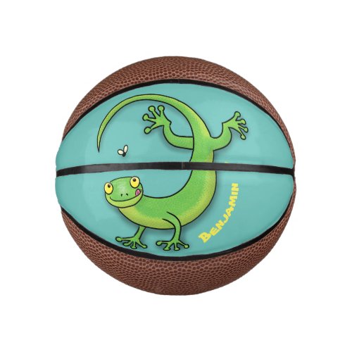 Cute happy green gecko greetings with bug cartoon  mini basketball