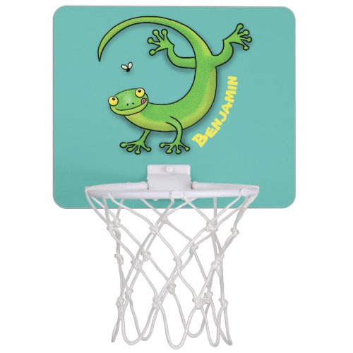 Cute happy green gecko greetings with bug cartoon mini basketball hoop