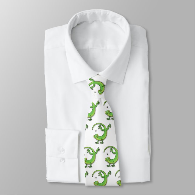 Cute happy green gecko greetings with bug cartoon neck tie (Tied)