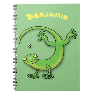 Cute happy green gecko greetings with bug cartoon notebook