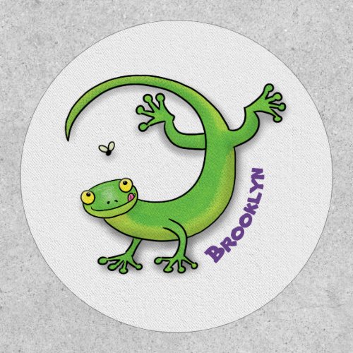 Cute happy green gecko greetings with bug cartoon patch