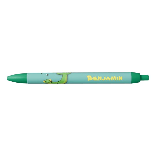 Cute happy green gecko greetings with bug cartoon pen (Front)