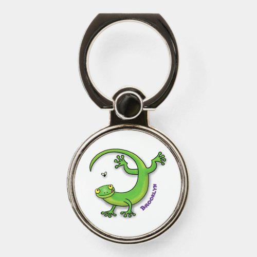 Cute happy green gecko greetings with bug cartoon phone ring stand