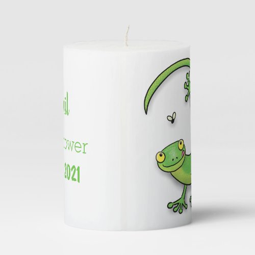 Cute happy green gecko greetings with bug cartoon pillar candle