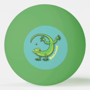 Cute happy green gecko greetings with bug cartoon ping pong ball