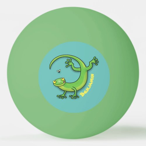 Cute happy green gecko greetings with bug cartoon ping pong ball