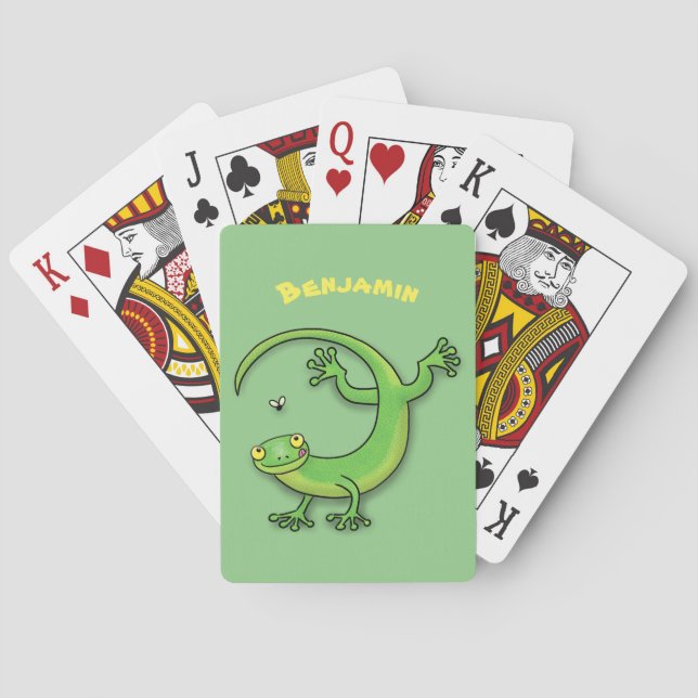 Cute happy green gecko greetings with bug cartoon poker cards (Back)