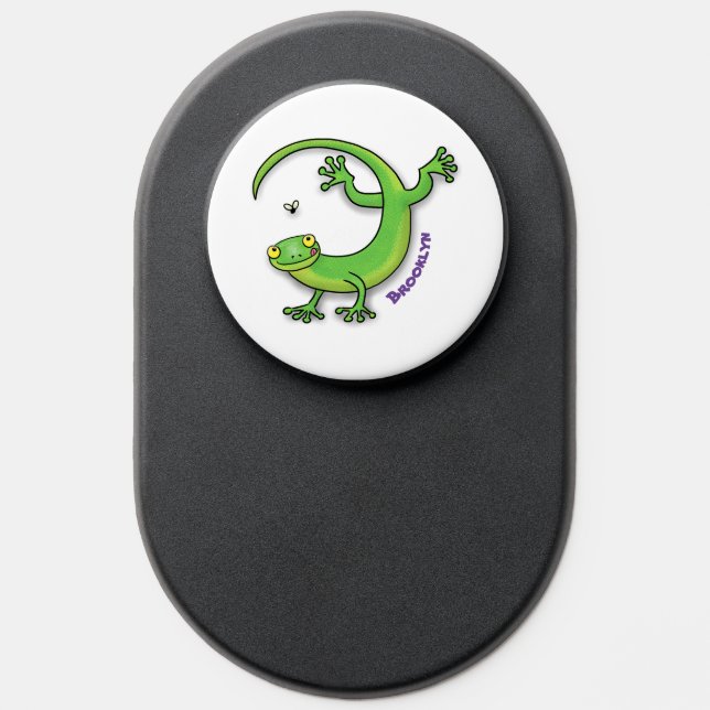 Cute happy green gecko greetings with bug cartoon PopSocket (Popsocket)