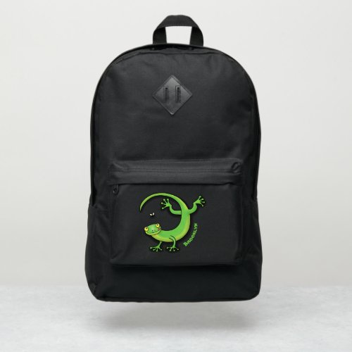 Cute happy green gecko greetings with bug cartoon  port authority backpack