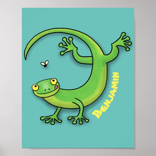 Cute happy green gecko greetings with bug cartoon poster