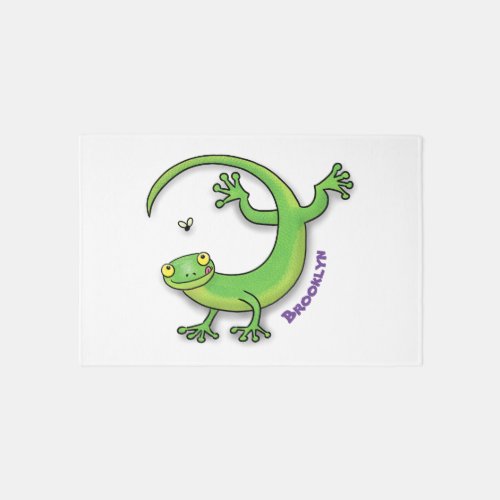 Cute happy green gecko greetings with bug cartoon rug