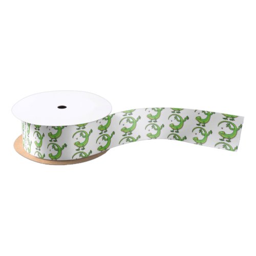 Cute happy green gecko greetings with bug cartoon satin ribbon