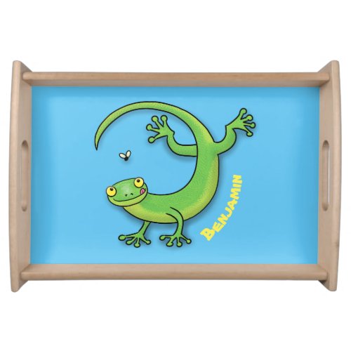 Cute happy green gecko greetings with bug cartoon serving tray