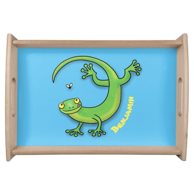 Cute happy green gecko greetings with bug cartoon serving tray (Front)