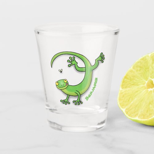 Cute happy green gecko greetings with bug cartoon  shot glass